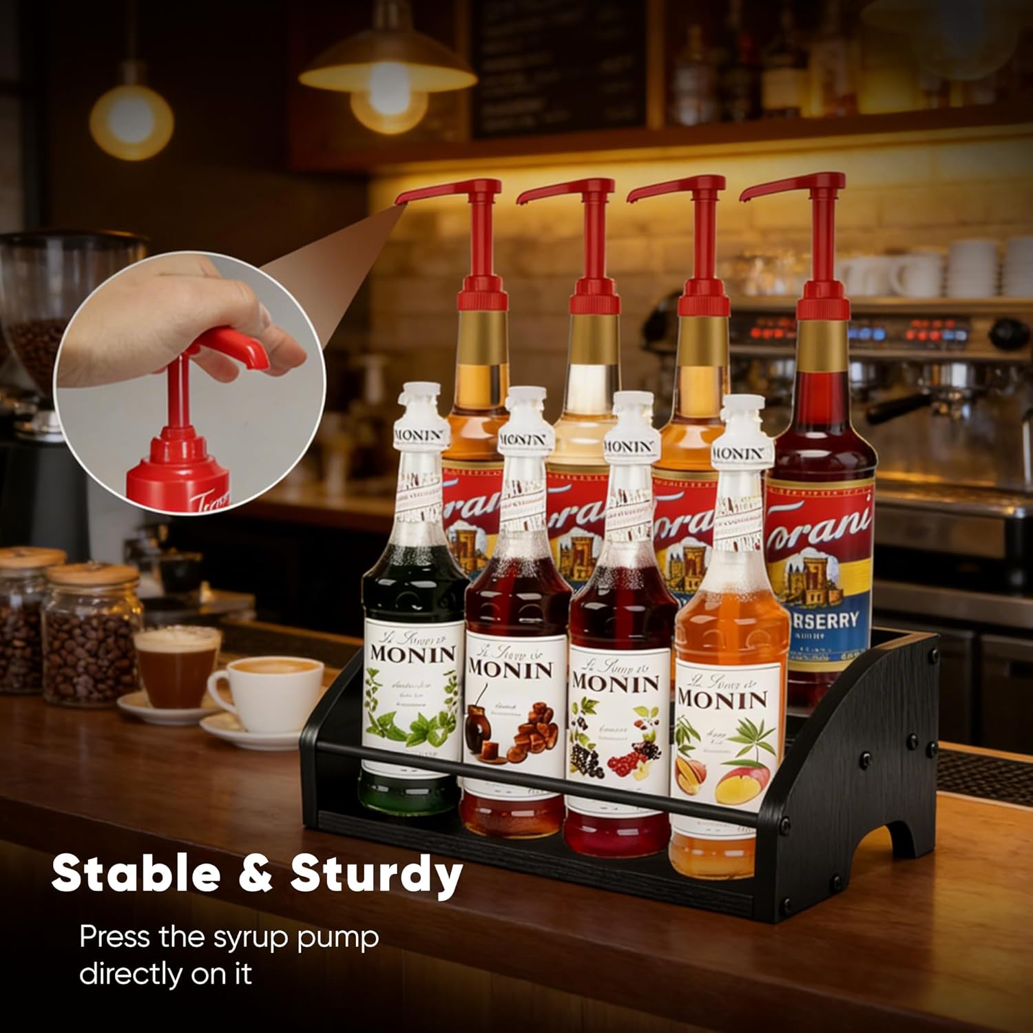 Mini Coffee Syrup Rack – Syrup Bottles Holder for Coffee Bar, Liquor Bottle Display Shelf - Rustic Kitchen Cabinet, Wooden Countertop Organizer for Spirits, Tea, or Coffee (2-Tier) - Image 2