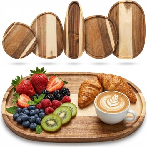 Set of 5 Small Acacia Wood Serving Platter and Trays, Irregular Oval Solid Wood Plates Serving Tray, Lightweight Wood Dinner Plates for Breakfast, Coffee, Tea, Snack, 6.3~11.7" L, 5.1~8.2" W