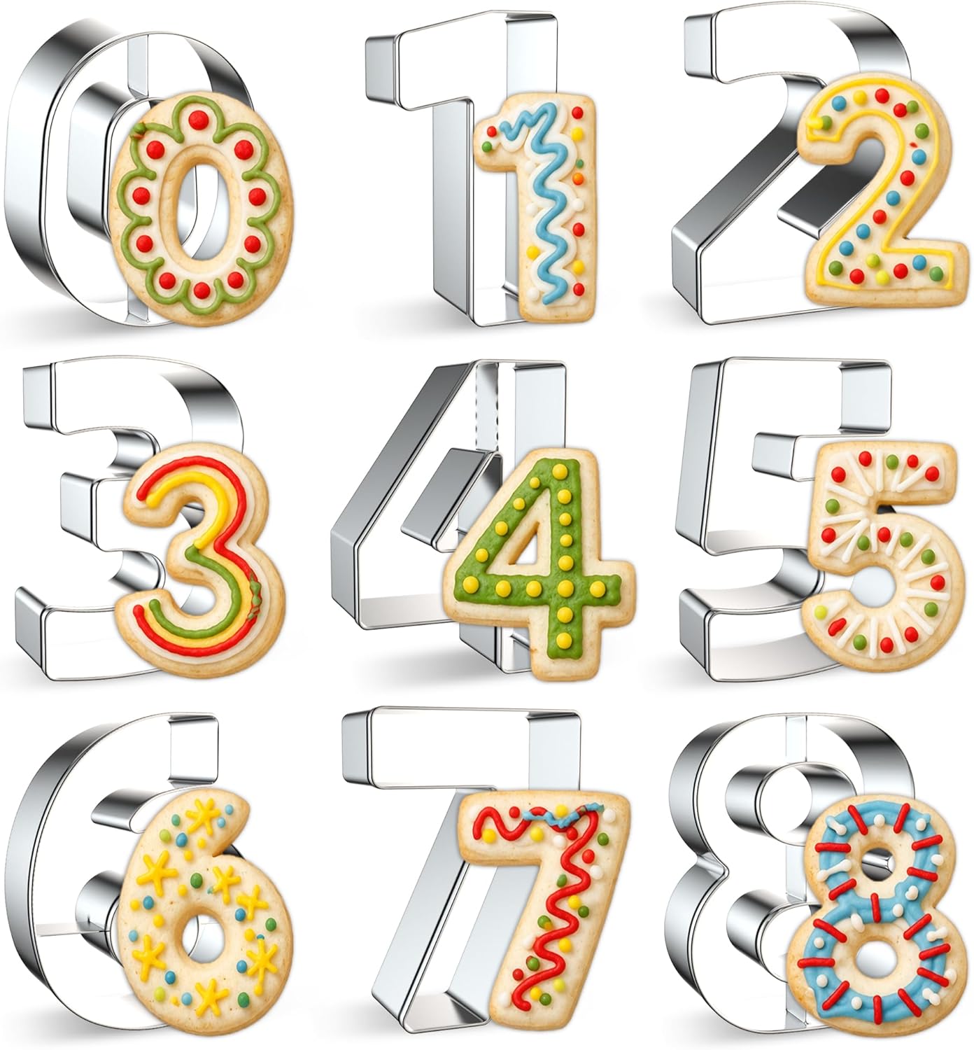 9PCS Number Cookie Cutters Set, Birthday Numbers 0-8(6 Reverses to 9), Stainless Steel Cookie Cutters for Baking, Number Shaped Baking Tool for Homemaking Biscuits, Cookie, Dough