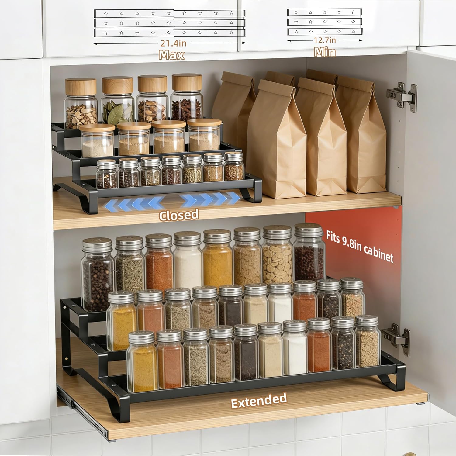 Expandable Spice Rack Organizer for Cabinet 3 Tiered Metal Seasoning Organization with Guardrails Spice Shelf Storage for Jars Adjustable Length 13"-21" Black 1Pack - Image 2