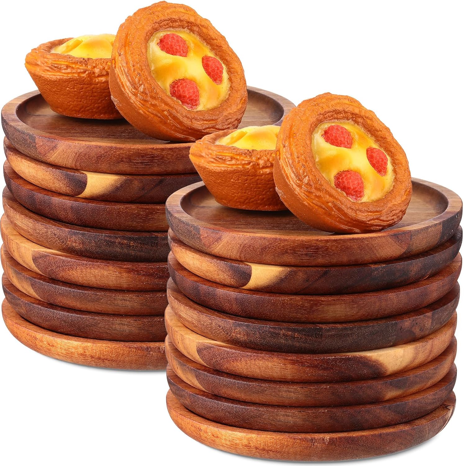 16 Pcs 6 Inch Acacia Wood Dinner Plates Round Wooden Charger Plates Dinnerware Set Lightweight Classic Handmade Serving Tray for Dishes Dessert Snack Food Housewarming Gift