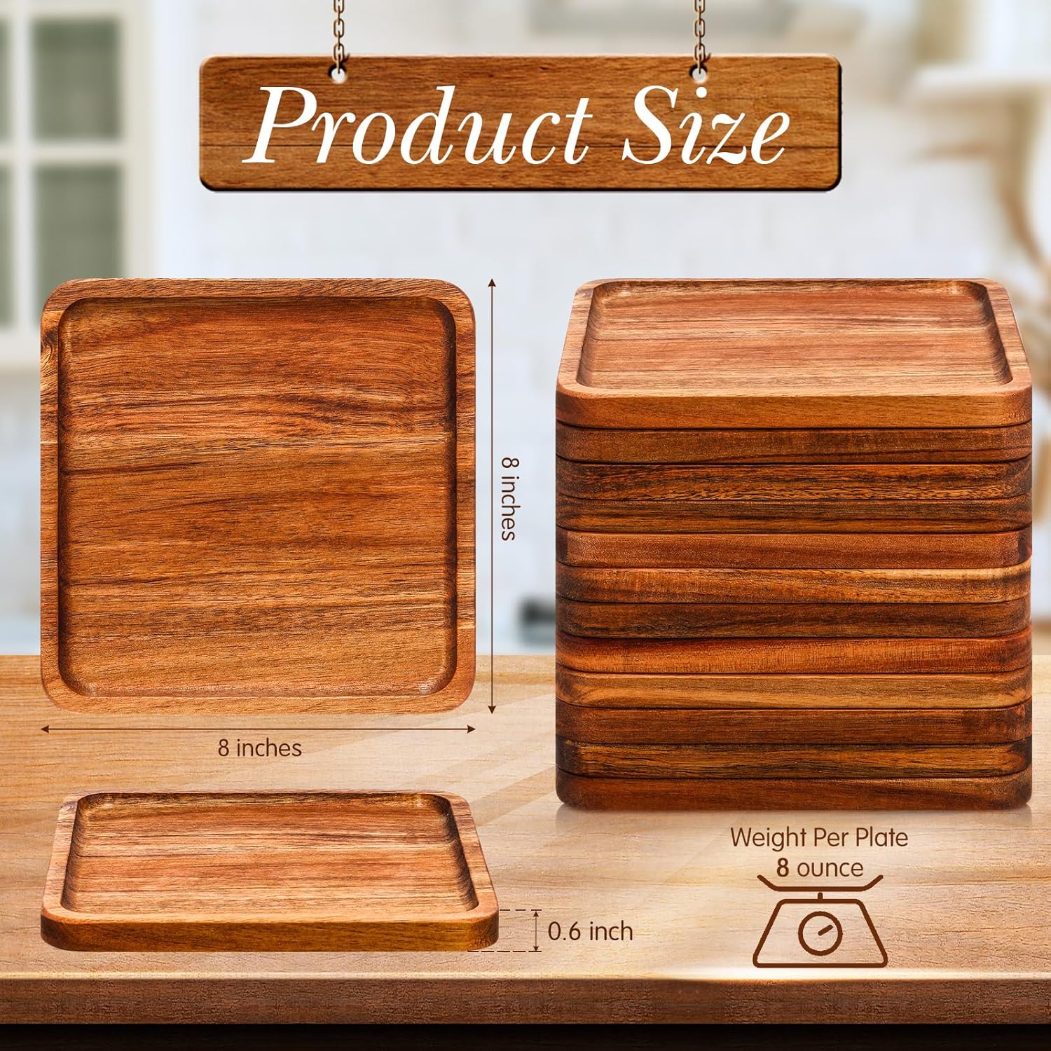 12 Pcs Wooden Plates Square Acacia Wood Charcuterie Board Wedding Dinner Serving Tray Charger Appetizer Kitchen Platter Cheese Steak Tableware Gift for Snack Dessert Salad Fruit (8 Inch) - Image 2