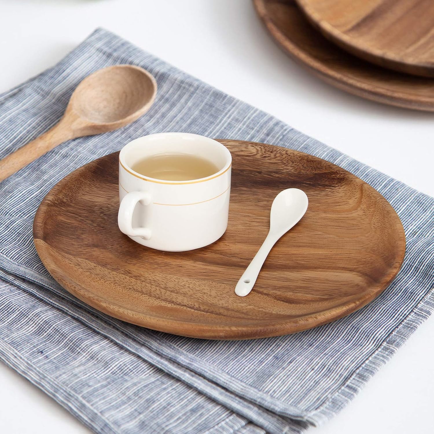 2 Pcs 10 Inch Acacia Wood Dinner Plates Set for Eating Wooden Round Charcuterie Boards Kitchen Serving Platters for Food Dishes Cheese Tray Dessert Salad Plate Wood Charger Plates Decorative Trays - Image 2