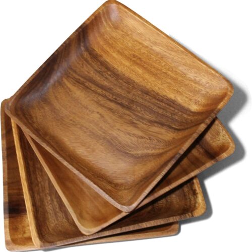 Set of 4 Acacia Wood Plates, 10" Square Dinner Plates, Solid Single-Piece Wood, Doubles as Serving Board, Wooden Plate Set for Steak, Pasta, Salad