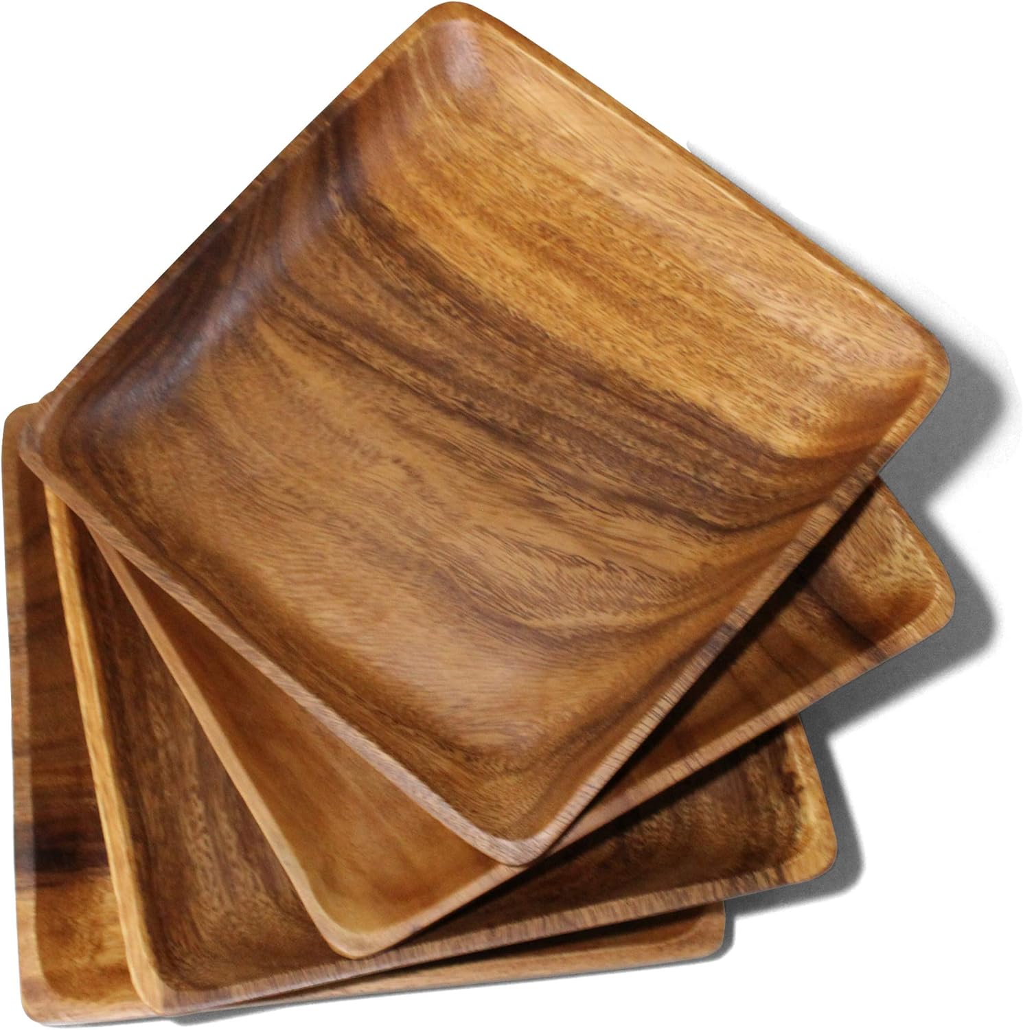 Set of 4 Acacia Wood Plates, 10" Square Dinner Plates, Solid Single-Piece Wood, Doubles as Serving Board, Wooden Plate Set for Steak, Pasta, Salad