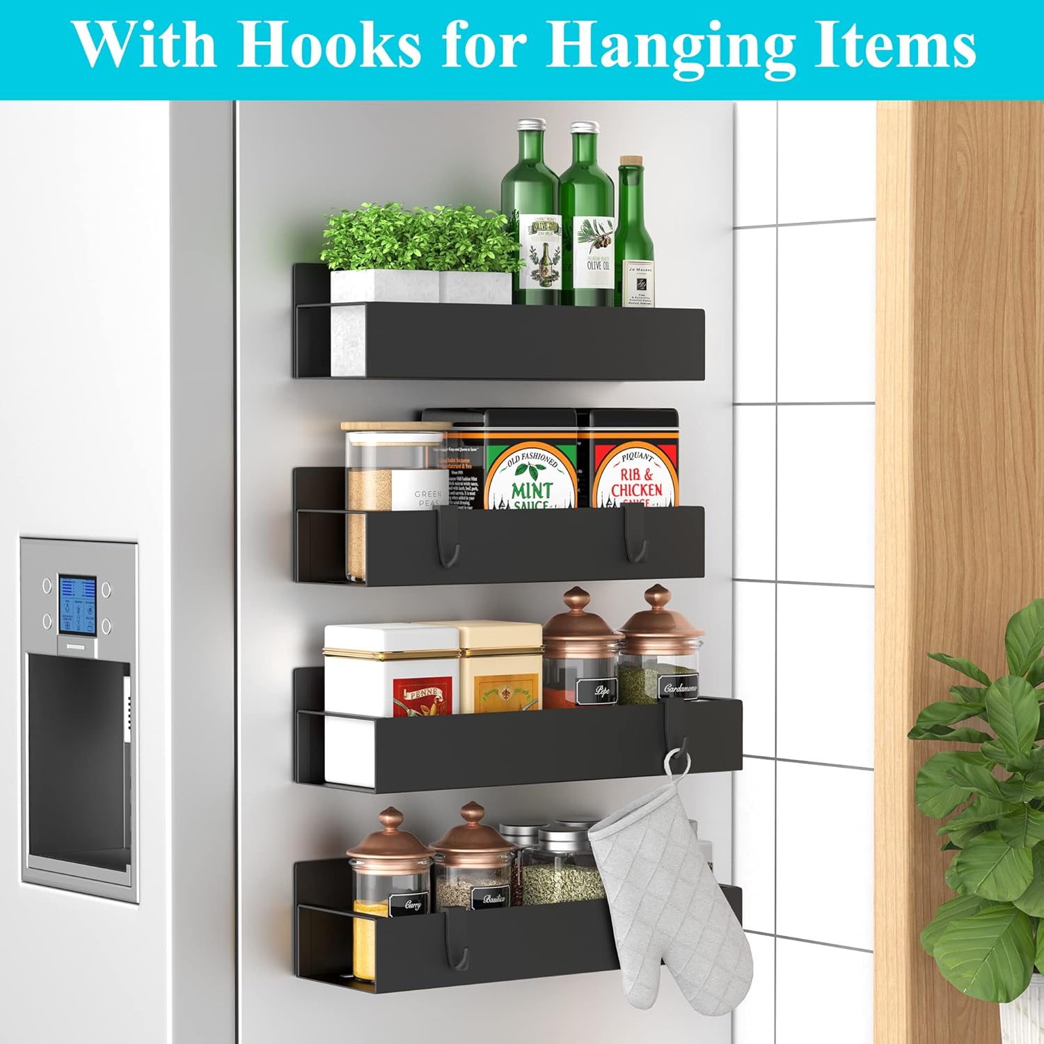 Metal 4 Pack Magnetic Spice Storage Rack Organizer for Refrigerator and Oven, Black Fridge Organizers and Storage, Metal - Image 2
