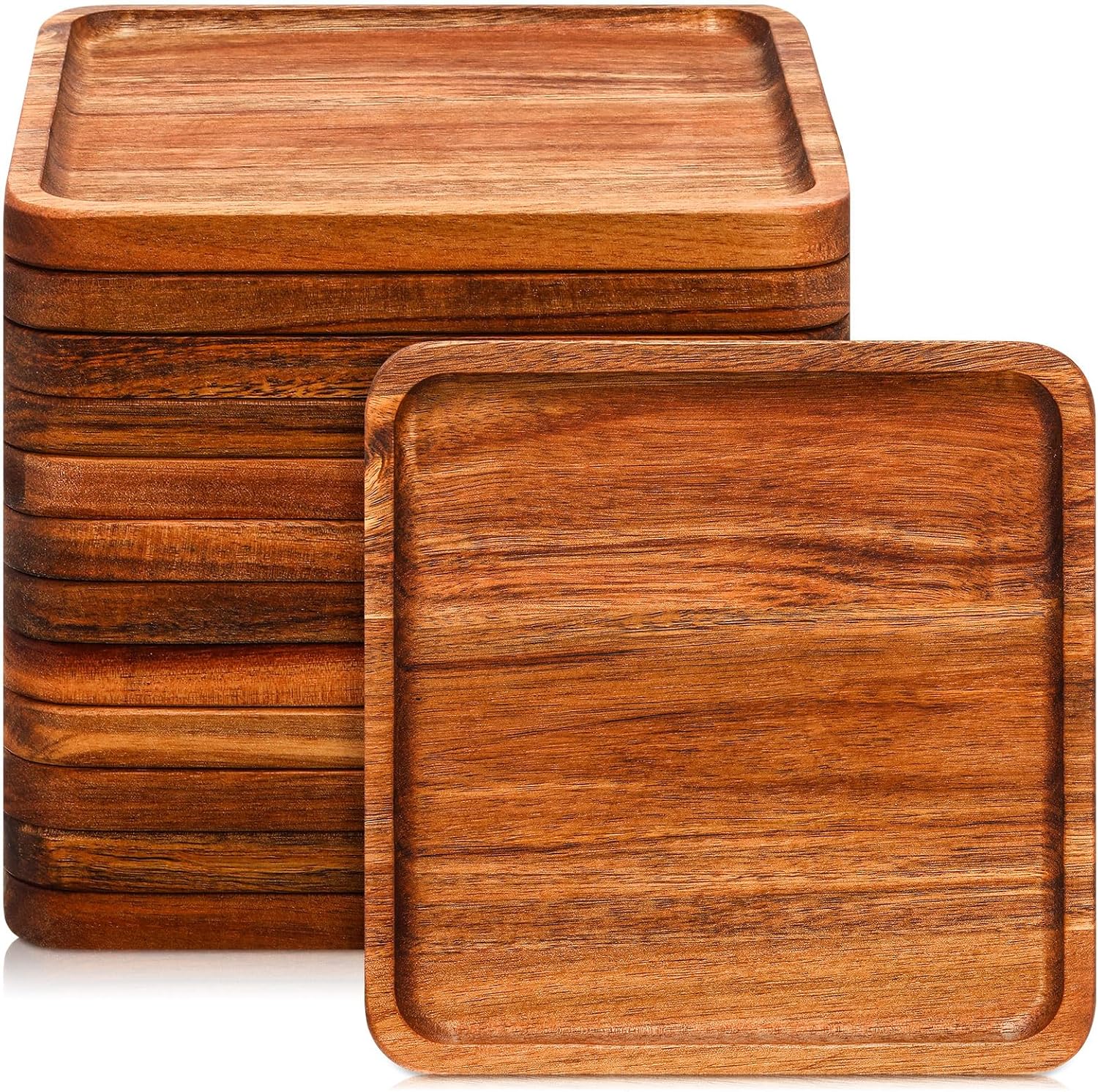 12 Pcs Wooden Plates Square Acacia Wood Charcuterie Board Wedding Dinner Serving Tray Charger Appetizer Kitchen Platter Cheese Steak Tableware Gift for Snack Dessert Salad Fruit (8 Inch)