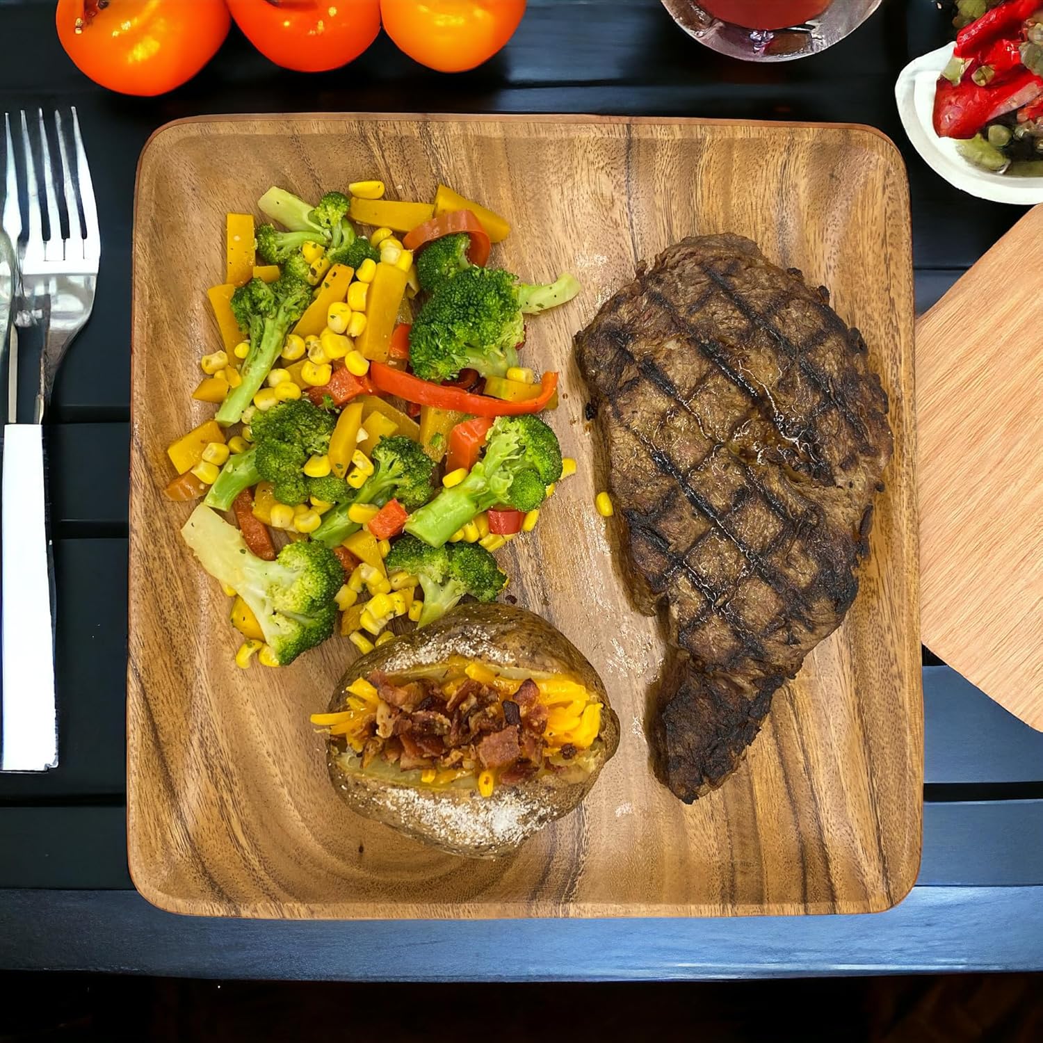 Set of 4 Acacia Wood Plates, 10" Square Dinner Plates, Solid Single-Piece Wood, Doubles as Serving Board, Wooden Plate Set for Steak, Pasta, Salad - Image 2